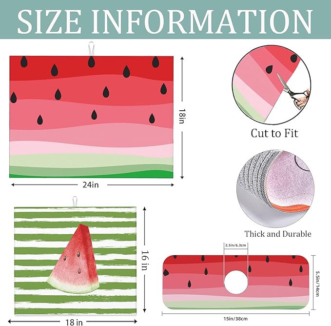 3Pcs Watermelon Dish Drying Mat & Kitchen Sink Splash Guard Faucet Mat For Kitchen Counter Absorbent Microfiber Dishes Pad Dish Drainer Rack Mats Fast Dry Kitchen