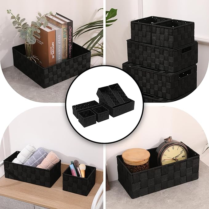 Storage Bins Woven Organizer Set of 6 – Polypropylene Storage Baskets with Metal Frame, Stackable Fabric Boxes for Drawers, Closet, Shelf, Nursery and Office, Black