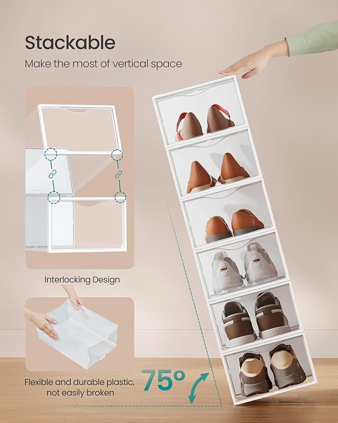 SONGMICS Shoe Boxes, Shoe Storage Organizers Rack for Closet, Plastic Stackable Sneaker Containers Case, 12 Pack, Transparent and Cloud White ULSP312W01