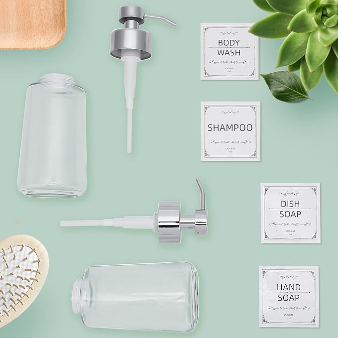 Doiliese Soap Dispenser, Clear Glass Soap Dispenser with Rust Proof Pump, 16oz Liquid Soap Pump with Waterproof Labels, Dish & Hand Soap for Bathroom, Kitchen, Chrome Pump, Pack of 2