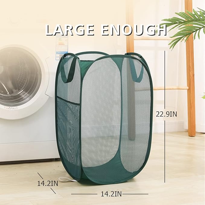 HONOMA Sturdy Mesh Laundry Hamper Basket Bag,Pop up Basket with Side Pocket for Laundry Room, Bathroom, Kids Room, College Dorm or Travel (Pop Vertical, Black)