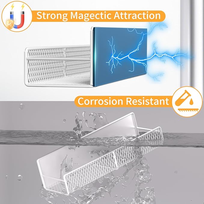 Magnetic Spice Rack for Refrigerator, 2 Pack Metal Magnetic Shelf White, Moveable Spice Organizer with Hooks, Super Magnetic Fridge Shelf for Kitchen Organization and Storage