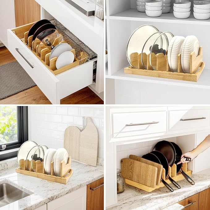 Bamboo Pot Lid Organizer for Cabinet & Kitchen Counter, Pan Lid Organizer Inside Cabinet, Pot Lid Holder, Sheet Pan Rack, Adjustable Pot Cover Holder Rack for Countertop, Under Cabinet