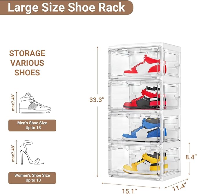 BROVIEW Led Shoe Boxes, Shoe Display Case with Lights, Large Clear Plastic Foldable Shoe Storage Box, Voice Activated Led Shoe Organizer Sneaker Case, Collection Crate, 1 Row 4 Tier White