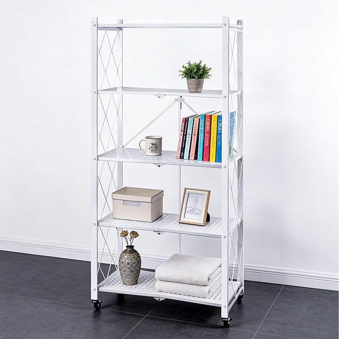 5-Tier Foldable Storage Shelf with Wheels, Metal Collapsible Shelving Unit, Heavy-Duty Rolling Cart for Kitchen Pantry Garage Office, Pre-Assembled Organizer Rack – White