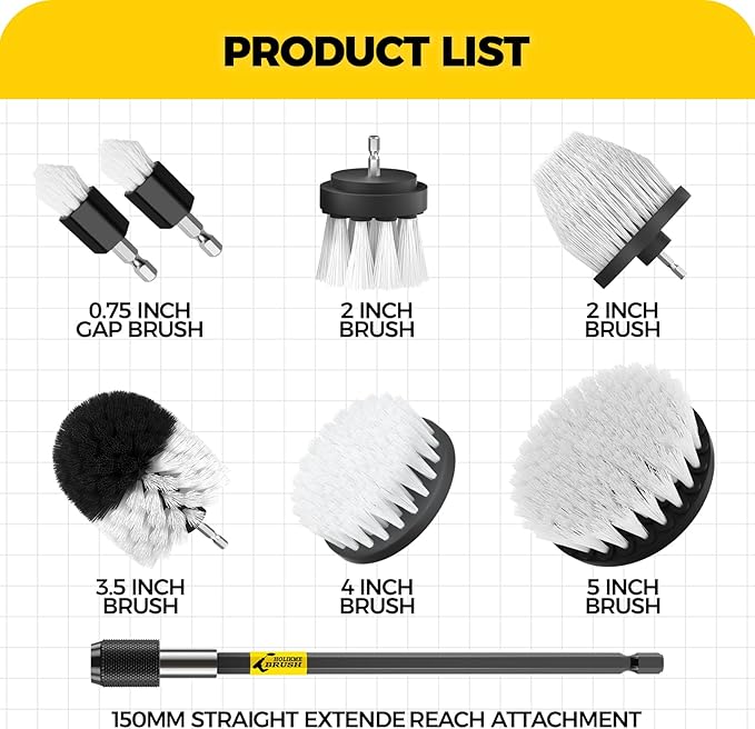 Holikme 8 Piece Drill Brush Attachment Set, Power Scrubber with Extend Long Handle, Cleaning Supplies for Shower, Bathtub, Bathroom, Kitchen (White)