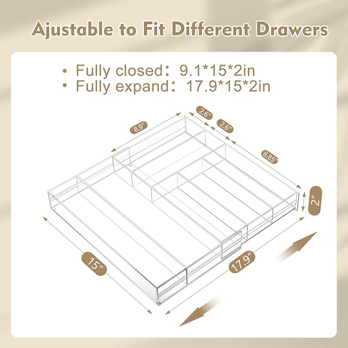 2 Pcs Acrylic Drawer Organizer 9'' up to 18'' x 15'' x 2'' Expandable Drawer Organizer Pens Notebook Ruler Makeup Tray with 7 Adjustable Compartments for Desk Office Kitchen Bathroom(Clear)