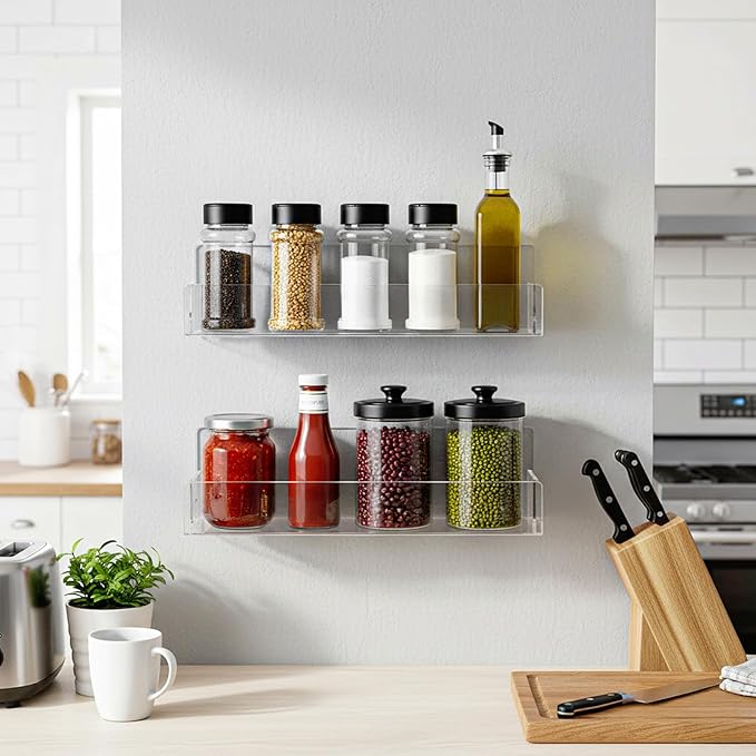 4 Pack Acrylic Spice Rack Wall Mount-9 Inch, Clear Spice Shelf Storage Holder, Hanging Seasoning Rack Organizer for Cabinet Door, Cupboard or Wall Kitchen (Adhesive or Screw)