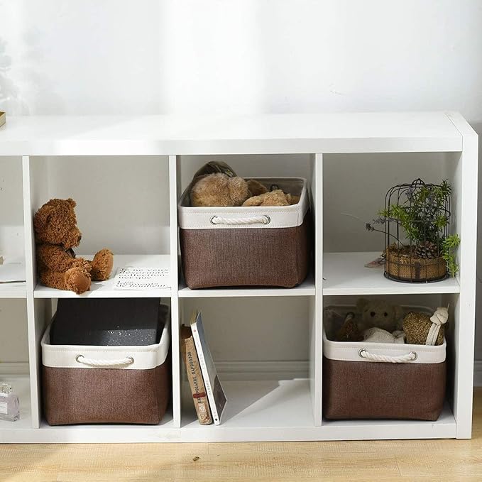 Sacyic Organization and Storage Basket for Organizing - 16x12x8 inch Large 4 Pack Fabric Storage Cube Collapsible Storage Bins for Shelves, Storage Box for Cloth Books Canvas(White & Flaxen)