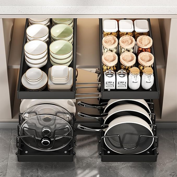 Pots and Pans Organizer for under Cabinet Pull Out Cabinet Organizer Sliding Pot and Pan Organizer in Kitchen, Cabinet Pull Out Shelves, for Pots, Lids and Pan Organizer with Two Types of Shelves
