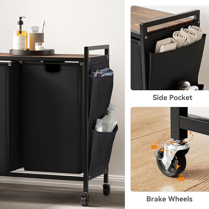 WOWLIVE 4-Compartment Laundry Hamper with Lid,Rolling Laundry Basket Organizer with Wheels, Iron-Made Laundry Sorter with Top Shelf and 4 Removable Bags,Large Clothes Storage for Room,Black