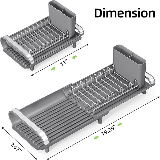TOOLF Small Dish Drying Rack, Mini Expandable Compact Dish Rack, Slim Extendable Stainless Steel Dish Drainer for Kitchen Plate Storage, Space Saving Dish Strainer in Sink or on Home Countertop, Gray