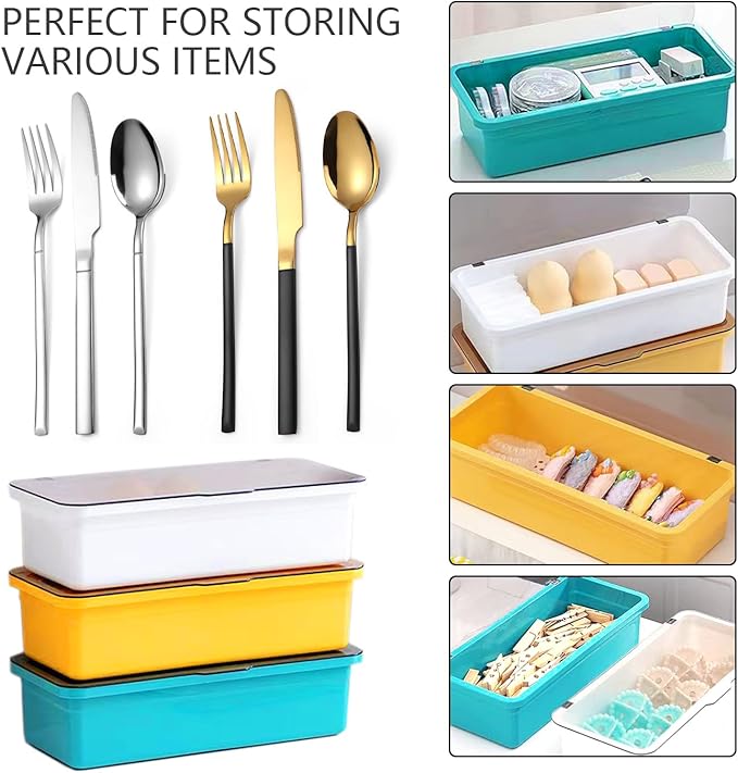 Flatware Tray with Lid and Drainer,Silverware Tray Kitchen Dinnerware Holder and Utensil Storage Container for Flatware and Silverware(Yellow)