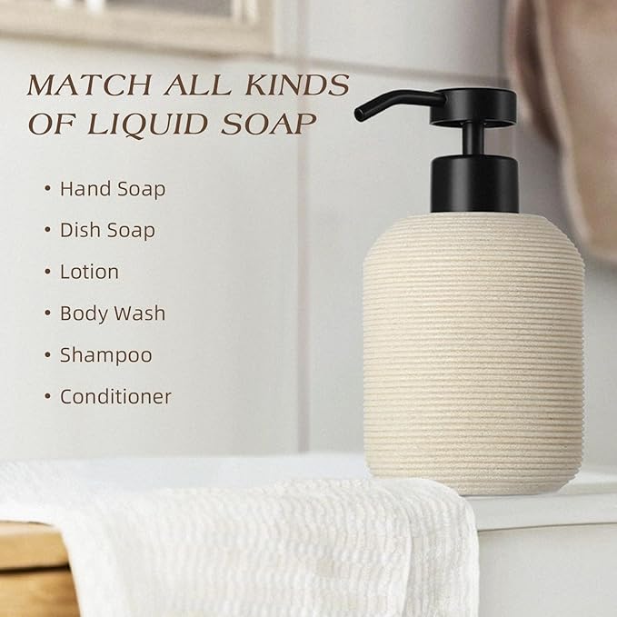 Hand Soap Dispenser, Beige Soap Dispenser for Bathroom 2 Pack, 12 Fl Oz Resin Soap and Lotion Dispensers Set with Plastic Pump, Boho Refillable Liquid Dish Soap Dispensers Bottle