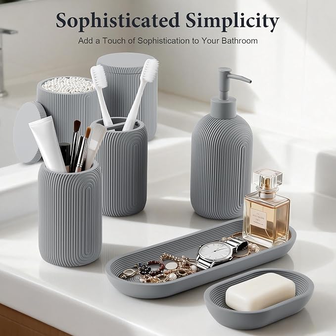 Bathroom Accessories Set - 7-Piece Resin Bathroom Set, Toothbrush Holders Set, Soap Dispenser, Qtip Holder Dispenser, Tumbler, Soap Dish & Tray, Modern Bath Decor for Home Dorm Hotel (Grey)