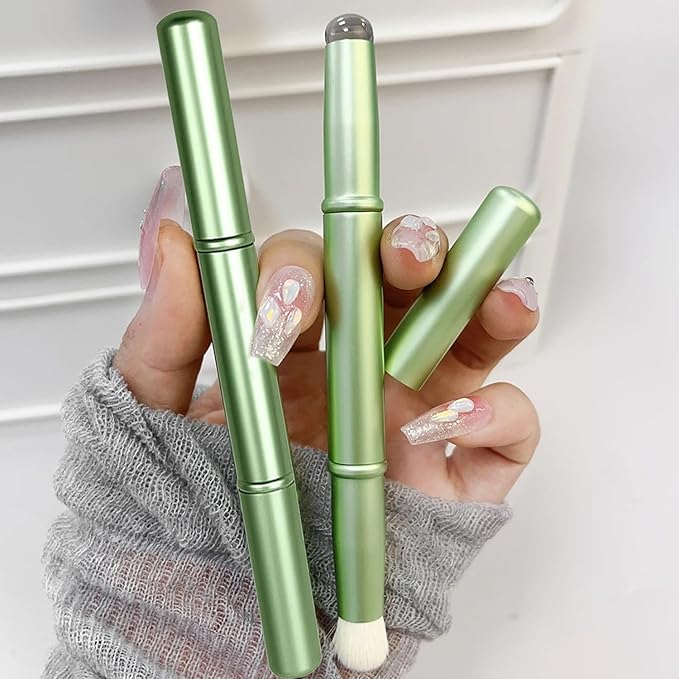 WOKOTO 1pcs Chrome Green Double-Headed Nail Art Brushes Silicone Ombre Nail Brushes And Nail Dust Brushes Picking Dotting Gradient Pen Brush Nail Ombre Brush For Acrylic Nails Painting Cleaning