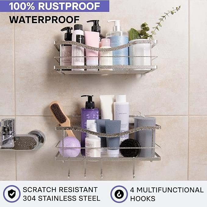 iLikeNew Luxury Multipurpose Storage Caddy, 12.75W x 5D x 5H inches, 4 Hooks, Peel and Stick, Rustproof Stainless Steel, Shower Organizer, Under-Sink, Spice Rack Wall Shelf (1)
