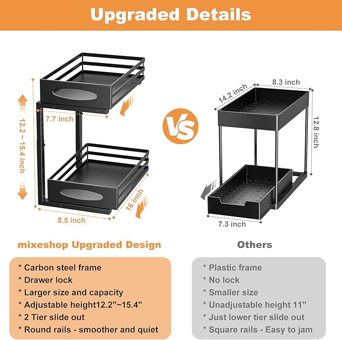 Under Sink Organizer, 2 Tier Under Sink Organizers and Storage, Adjustable Height, Slide out Metal Cabinet Organizers, Pull out Cabinet Storage Drawer Shelf for Kitchen Bathroom Black 2Pack
