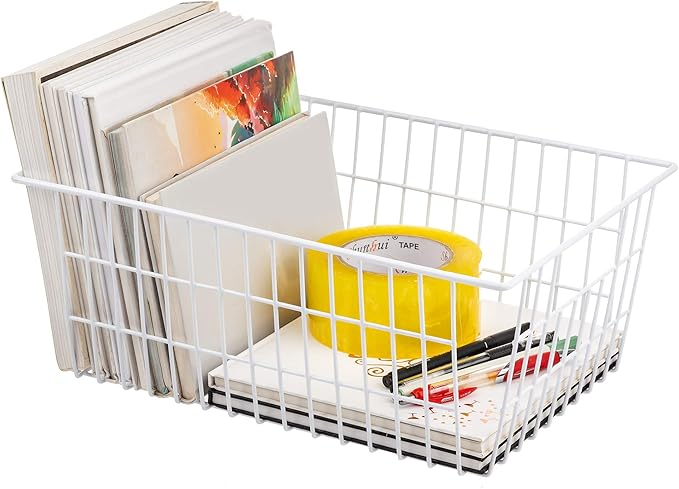 iPEGTOP Wire Freezer Stroage Baskets, 13.4 inch Set of 3 Farmhouse Storage Bins Basket Freezer Storage Organizer Bins with Handles for Kitchen Cabinets, Pantry, Closets, Bedrooms, Bathrooms- White