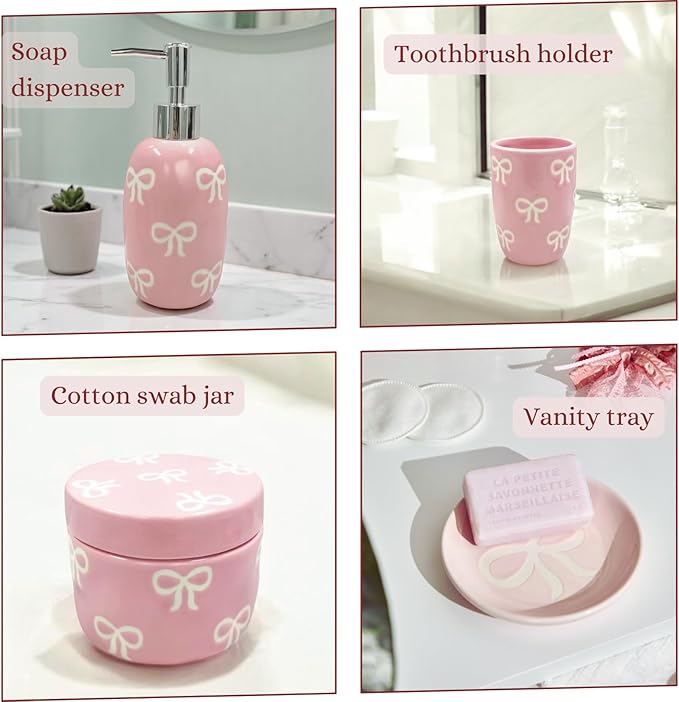 Bow Bathroom Set, 4 Pcs Ceramic Bathroom Accessory Sets - Soap Dispenser, Tumbler Toothbrush Holder, Vanity Soap Tray, Cotton Swab Jars - Pink Bathroom Decor Gift for Her (Pink)