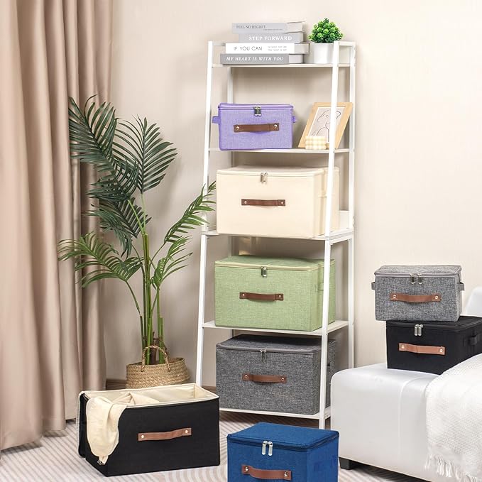 Storage Bins with Zipper Lid and PU Leather Handle 3 Pack Cotton Linen Fabric Lidded Storage Boxes Baskets Washable Collapsible Shelf Closet Organizer Container(Updated Gray, Large Size)
