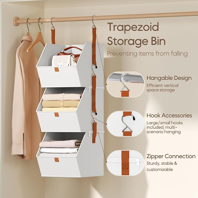 Collapsible Hanging Closet Organizer - 6 Tier Closet Shelves Storage System with Hooks, Fabric Hanging Storage Bins for Clothes, Foldable Storage Basket for Laundry, Bedroom, Rv, White