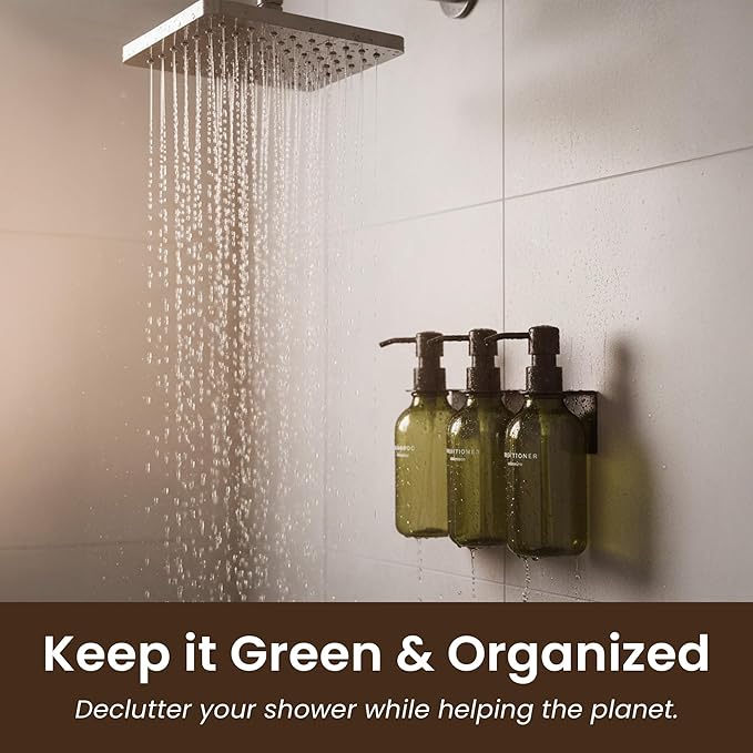 MaisoNovo Shampoo and Conditioner Dispenser - Shower Soap Dispenser Wall Mounted - 16.9 fl oz Set of 3 Green Plastic Bottles Black Plastic Pump - Shampoo Dispenser, Shower Dispenser