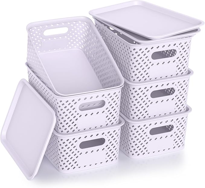 Plastic Storage Bins with Lid, Stackable Small Box Basket for Organizing and Containers for Shelves Drawers Desktop Closet Playroom Pantry Classroom Office Home, 6-pack 10.2"x7.2"x4.1" Lavender