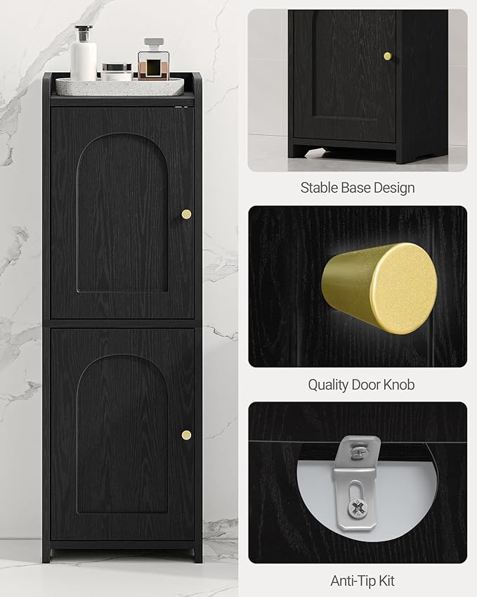 Bathroom Storage Cabinet, Small Corner Floor Cabinet with 2 Doors and Adjustable Shelf, Narrow Toilet Paper Cabinets, Bathroom Organizer for Small Spaces, 7.9" D x 9.8" W x 29.5" H Black