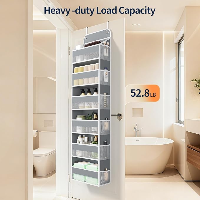 Yecaye 6 Tier Over The Door Organizer Storage, Heavy Duty Door Organizers Hanging with 12 Side Mesh Pockets, 52.8lbs Load Capacity Behind Door Storage for Bathroom Nursery Bedroom Dorm Closet, Grey
