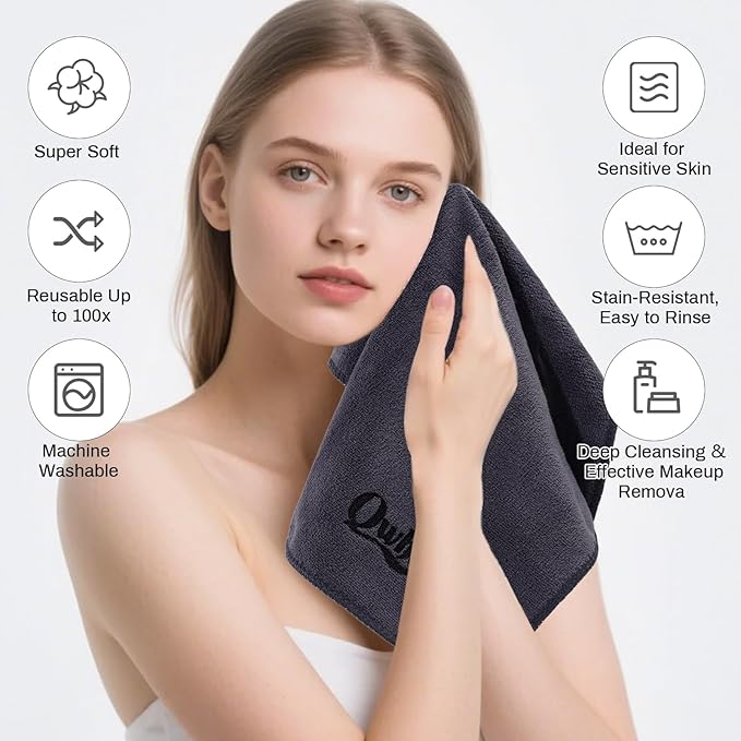 Microfiber Makeup Remover Cloth Face Towels Makeup Pads Soft Fingertip Face Wash Cloth Reusable Machine Washable High‑Absorbency Quick‑Dry Cleansing Facial Towels 12 × 12 in 6 Pack——Black Gray