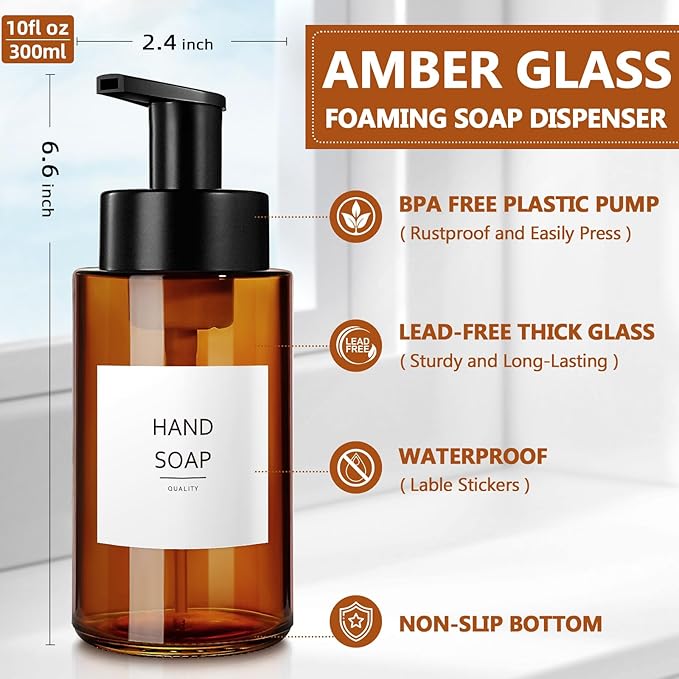 Amber Foam Soap Dispenser, 10 oz/300ml Glass Foaming Soap Dispenser, 4 Pcs Foaming Hand Dispenser for Bathroom & Kitchen, Refillable Bottle with Waterproof Labels