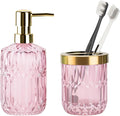 Glass Bathroom Accessories Set, 2PCS Clear Glass Bathroom Accessory, Toothbrush Holder and Soap Dispenser Set for Modern Bathroom Decor(Pink)