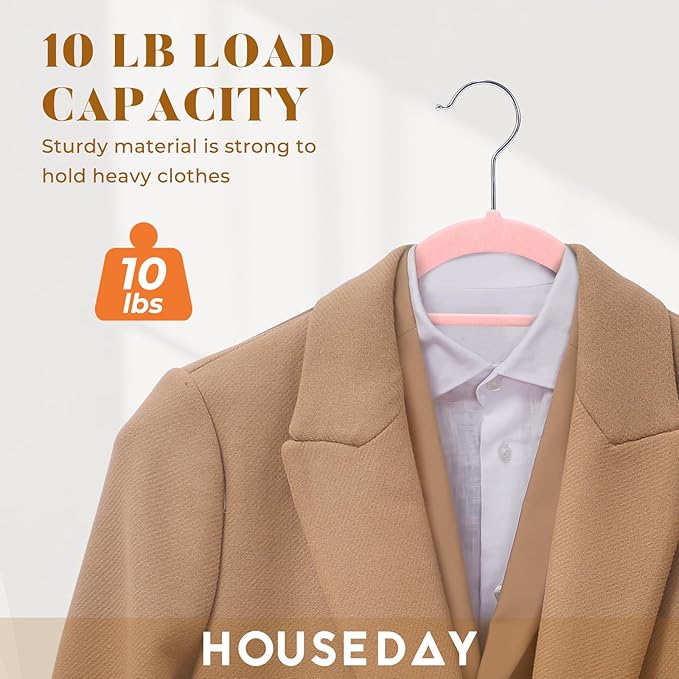 HOUSE DAY Velvet Hangers 20 Pack, Non-Slip Hangers with Tie Bar, Premium Standard Clothes Hangers Slim Felt Hanger 360° Swivel Hook for Closet Organized Storage Elegance Pink 72g/Pc