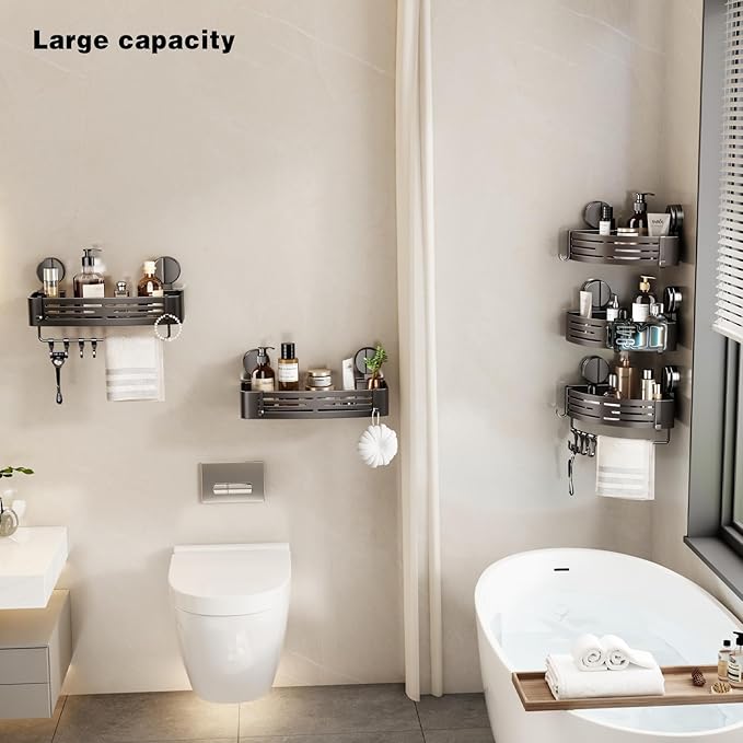 VOLPONE Corner Shower Caddy Suction Cup Shower Shelf Corner No Drilling Bathroom Shower Organizer Storage Rack Adhesive with Towel Bar Hooks(2-Pack, Gray)