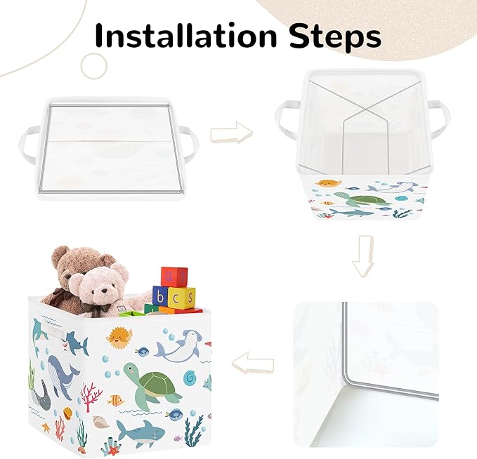 Clastyle Ocean Animals Storage Cube Organizer Set Handle Closet Clothes Cube with Metal Frame Foldable Parents Organizer Storage Basket for Book Toy,White,11.8x11.8x11.8 in