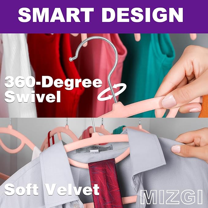 MIZGI Premium Velvet Hangers 50-Pack,No Shoulder Bump Hangers W/Tie Bar Ultra Thin Space Saving Non Slip Hanger Heavy Duty Felt Rounded Clothes Hanger for Sweaters,Coat,Jackets,Pants,Shirts