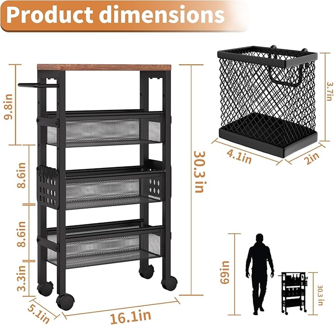 TORIBIO 4 Tier Slim Storage Cart, Narrow Kitchen Rolling Cart with Wheels for Small Space,Mobile Utility Cart Shelving Unit with Metal Frame and Wooden Top for Kitchen, Bathroom, Laundry Room