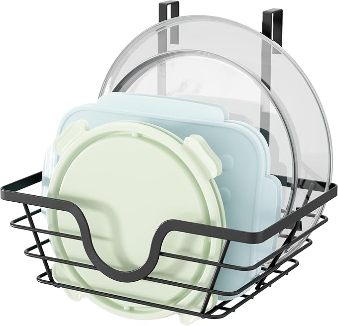 Pot Lid Organizer, Adjustable Kitchen Pot Lid Holder Inside Cabinet, Kitchen Cabinet Organizer Hanging for Food Storage Container, Pot, Pan Lid & Bakeware, Black