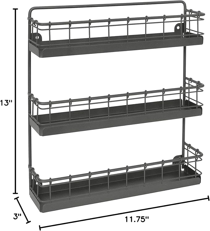 Spectrum 3 Tier Hanging Spice Rack for Wall Black Steel Kitchen Spice Organizer, Wall Mounted Metal Three Tier Metal Spice Organizer Rack for Kitchen Cabinet Pantry Organization