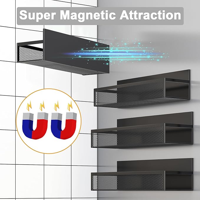 Magnetic Spice Rack for Refrigerator, 5 Pack Magnetic Shelf, Moveable Magnetic Fridge Organizer with an 8-Hook Rack, Seasoning Organizer for Kitchen Organization (Extra with 8 Hooks)