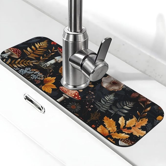 Faucet Draining Mat For Kitchen Sink, Mushrooms Ferns Wildflowers Diatom Mud Absorbent Drain Pad For Bathroom Kitchen Sink Splash Guard Drying Mat