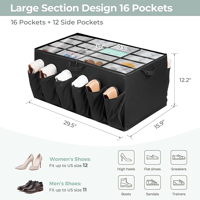 Extra Large Fabric Shoe Organizer for Closet, Fits up to 28 Pairs, Foldable Shoe Storage Bin Containers with Adjustable Dividers and Clear Cover, Black, 3 Pack