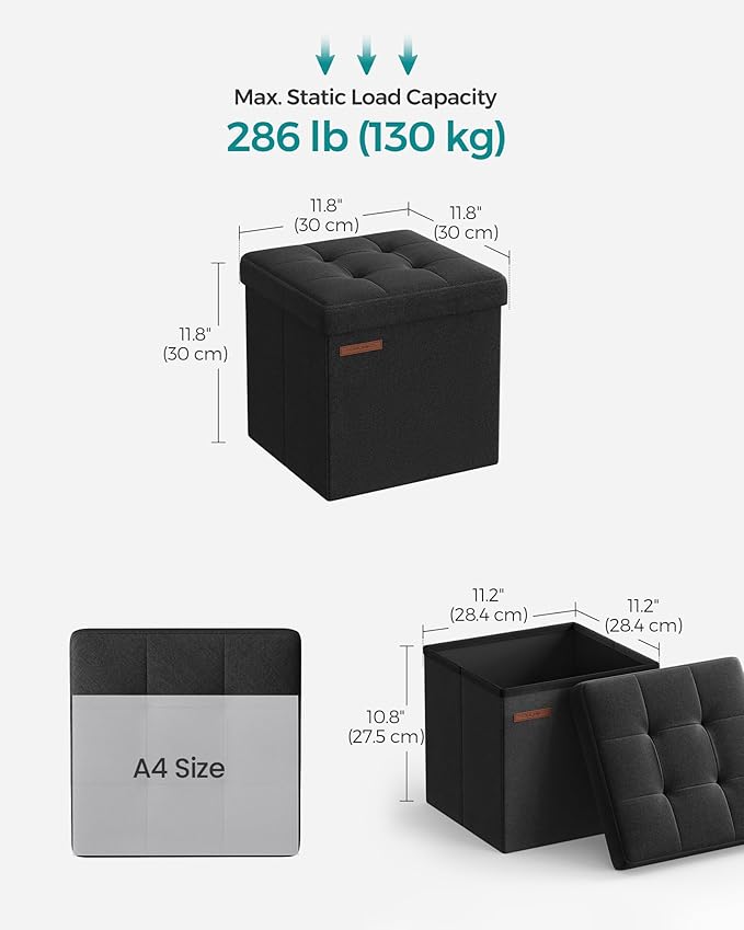 SONGMICS Storage Ottoman, Foldable Small Ottoman Foot Rest, 11.8 Inches Foot Stool, Cube Ottoman with Storage, Load up to 286 lb, for Living Room, Bedroom, Dorm, Ink Black ULSF028B01