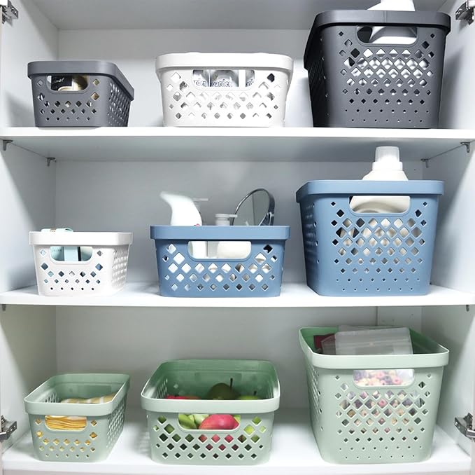 Glad Plastic Baskets for Organizing | Pantry Storage for Under Counter, Linen Closet, and Bathroom | Nesting Shelf Bins with Handles, 1 Gallon, Grey