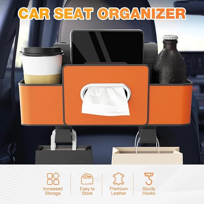3-in-1 Car Back Seat Organizer with Cup Holder, Multifunctional Car Seat Back Organizer and Storage Box, with 2 Cup Holders, Tissue Box and Hook, for Hold Phone,Snacks, Drinks, Handbag (Brown,2PCS)
