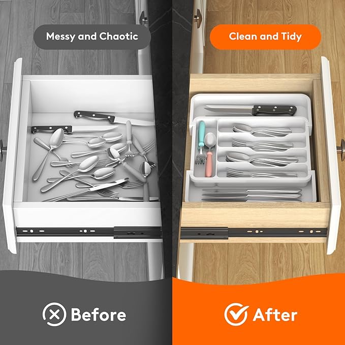 Lifewit Silverware Drawer Organizer, Expandable Utensil Tray for Kitchen, BPA Free Flatware and Cutlery Holder, Adjustable Plastic Storage for Spoons Forks Knives, 8.9-14.7 x 12.2", White