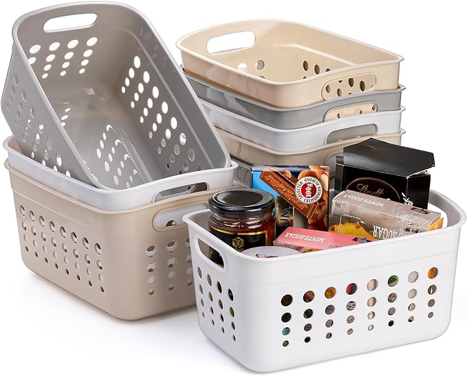 DEAYOU 9 Pack Plastic Storage Basket, Small Pantry Organizer Basket Bins, Rectangular Storage Tray Baskets Container with Handle for Shelf, Bathroom, Household, Desktop (Beige, White, Gray)