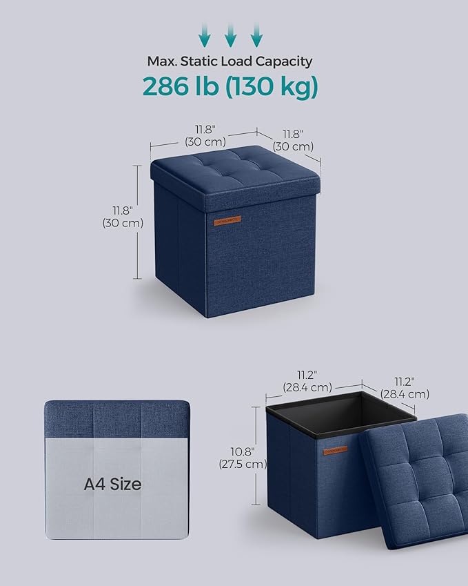 SONGMICS Storage Ottoman, Foldable Small Ottoman Foot Rest, 11.8 Inches Foot Stool, Cube Ottoman with Storage, Load up to 286 lb, for Living Room, Bedroom, Dorm, Midnight Blue ULSF028Q02