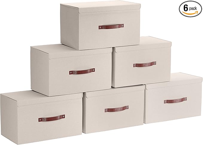 Ornavo Home 6 Pack Collapsible Storage Bins with Lid, Foldable Linen Fabric Shelf Storage Basket Closet Organizer and Large Storage Box for Clothes with Leather Handles, 15 x 10 x 9, Beige
